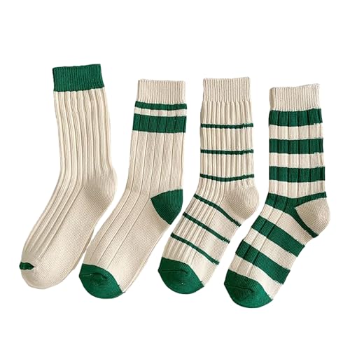 LUNCHS 4/5 Pairs Striped Socks for Women, Green & Red Striped Crew Socks, Cute Athletic Crew Socks for Women (4 pairs green,One Size)