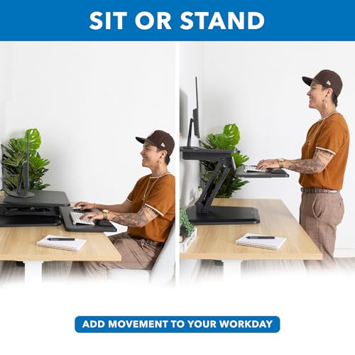 Image of Mount-It! Compact Standing Desk Riser, Height Adjustable Desktop Sit Stand Workstation with Gas Spring, Tabletop Stand Up Desk with Keyboard Tray, Black