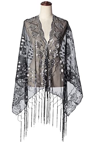 Image of BABEYOND 1920s Sequined Shawl Wraps for Women Fringed Evening Cape Wedding Bridal Shawl Scarf for Evening Dresses Party