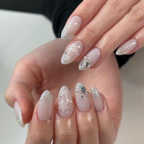 24Pcs Christmas Snowflake Press on Nails Medium Almond Fake Nails, French Glitter Press on Nails Glossy Christmas Acrylic Nails Press on Snowflake Sparkling Diamond Christmas Glue on Nails for Women