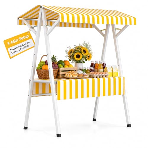 Yellow White Farmers Market Display Stand & Vendor Cart, Thickened Carbon Steel Foldable Concession Stand with Tear-Resistant Canopy, Portable Event Booth for Street Food 43.3IN