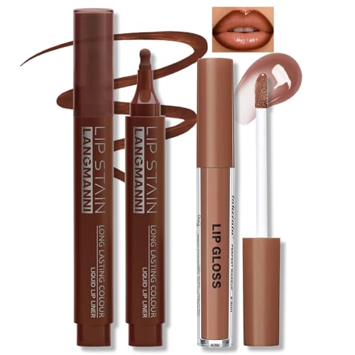 HOSAILY Lip Combo - Mocha Brown Lip Liner Marker Pen with Nude Lip Gloss Longwear Liquid Lip Liner Stain Waterproof Non-Stick Cup Nourishing Glow Oil Liquid Lipstick Makeup