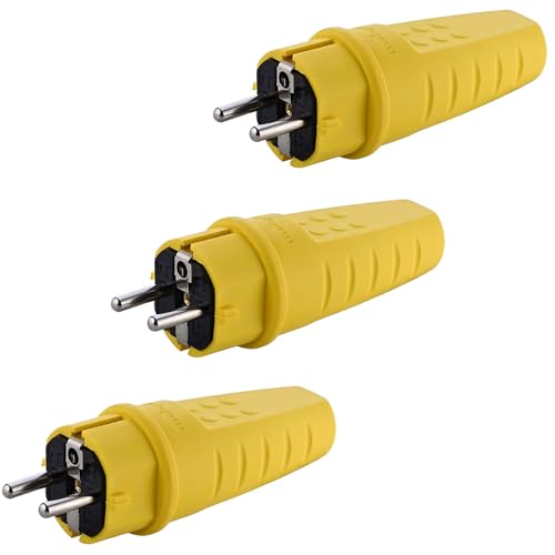 Fiche en Caoutchouc, Fiche Schuko 230V, 16A, IP44, Étanche, Incassable, Fiche de Contact de Protection, Contact de Protection, Câble jusqu'à max. 2,5 mm², Jaune, 3 Pièces