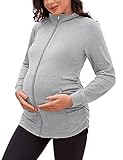 【Design】Diese Umstands-Tops verfügen über ein schickes Design mit Stehkragen, durchgehendem Reißverschluss und Raglanärmeln. Sie haben auch seitliche Rüschen für einen wachsenden Babybauch und praktische Fronttaschen, um persönliche Gegenstände zu verstauen.