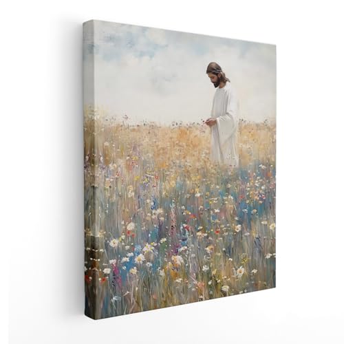 Lienzo de Jesús en campo de flores silvestres para llenar de paz tu hogar