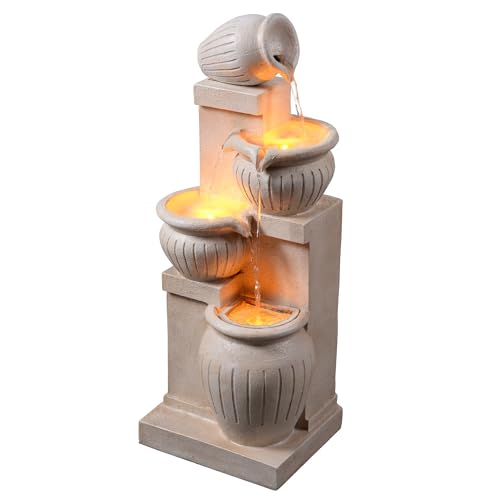 Teamson Home Fontaine Solaire 4 Niveaux Cascade exterieure LED ecologique sans Fil Balcon Patio Aspect Pierre Naturelle