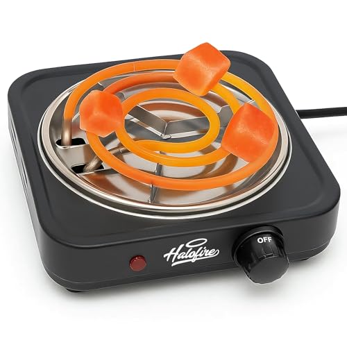 Halofire - Hornillo eléctrico 1000W para cachimba, Encendedor de alta potencia para carbón natural de shisha, Placa de fuego de cocina compatible para alimentos, camping fácil transporte. (Negro)
