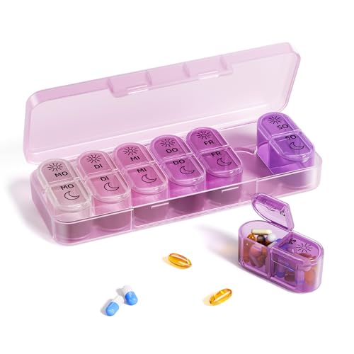Daviky Pillendose 7 Tage, Tablettenbox 7 Tage Morgens Abends, Wöchentliche Medikamentenbox, Premium Pillenbox 7 Tage, Reisetaugliche Pillenbox, Supplement Box für Vitamine, Fischöle & Kapseln