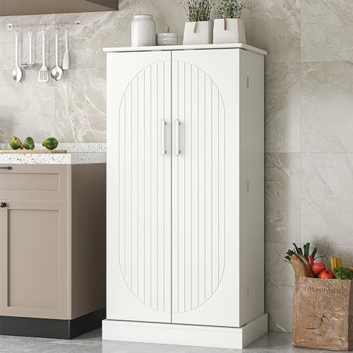 kepptory 47" Tall Kitchen Pantry Cabinet, Snow-White Pantry Storage Cabinet with Adjustable Shelves, Barn Doors and Drawer Farmhouse Cupboard for Kitchen, Dining Room, Bathroom (16" D x 24" W x 47")