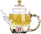 Iamagie Teekannen Glas - 280 ml - Glasteekanne mit Frankreich-Emaille-Chrysanthemen-Blume/hitzebeständigem Glasteekannen-Kessel mit Sieb für blühenden Tee, Loser Blatt-Tee