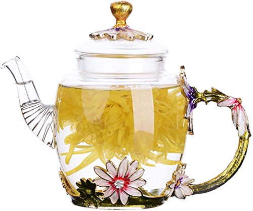 Affogato Glass Teapot - 280 ml (9.47 oz) - Glass Teapot with France Enamel Chrysanthemum Flower/Heat Resistant Glass Teapot Kettle with Strainer for Blooming Tea, Loose Leaf Tea
