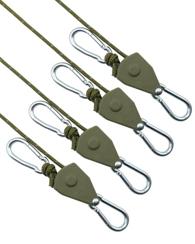 Keovoker 4Pack Retractable Ratchet Tie Down Straps, 16Ft 1/4" Adjustable Rope Hangers, Heavy-Duty Kayak Pulley System with 2 Carabiner Hooks, for Canoe, Roof Rack Loads, Camping Gear, Army Green