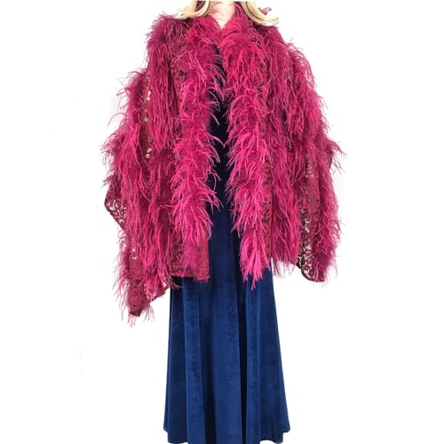 LVCOMEFF Women Lace Shawl With Ostrich Feather Layer Trimming Luxurious Holographic Sheer Mesh Cape Elegant For Party2