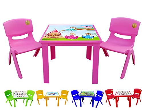 A406 Kids Children Plastic Home Garden Folding Foldable Table & 2 Stackable Chairs Set (Pink)