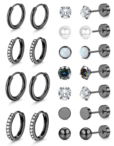 Jstyle Hypoallergenic Black Stud Hoop Earrings for Women Small Flat Back Surgical Stainless Steel Earrings for Sensitive Ears Trendy Black Hoops Cartilage Earring Stack Set Multiple Piercing Jewelry