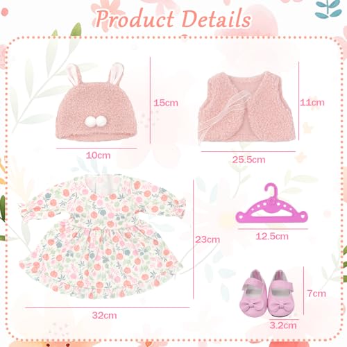 Puppenkleidung für 35-43cm Baby Puppen, 5 Stück Elegante Süße Baby Kleidung Puppen für 14-17 Zoll Babypuppen mit Kleid Weste Mütze Schuhe Kleiderbügel 43cm BabyPuppen Outfits, Geschenke für Kinder