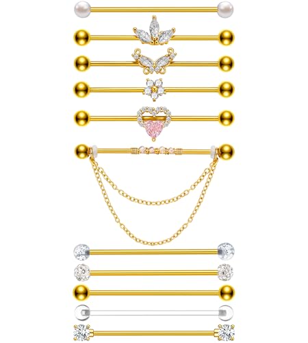 BJFEW Industrial Piercing Jewelry Gold Industrial Bar 14G Surgical Stainless Steel Industrial Earrings Chain Butterfly Flower Heart Industrial Barbell 1 1/2(38mm) Bar Length