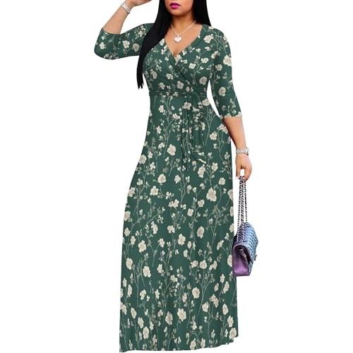 Image of SUZONANA Plus Size Dresses for Women Floral Print Maxi Dress Flowy 3 /4 Sleeve with Belt