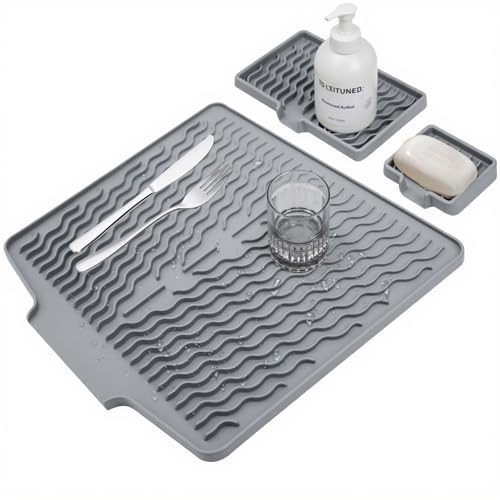 Minsezhi Silicone Dish Drying Mat for Kitchen Counter,Non Slip Drain Pad,Dish Drying Mats with Built in Drain,Large Dish Drying Mat,Silicone Soap Dish,Easy to Clean Drying Pad.Set of 3(Grey)