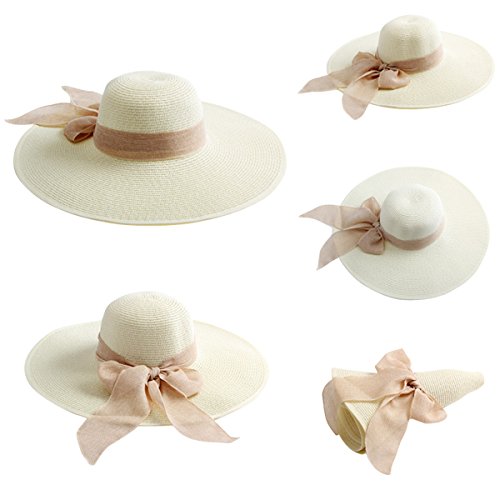 Image of Lanzom Womens Big Bowknot Straw Hat Floppy Foldable Roll up Beach Cap Sun Hat UPF 50+