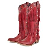 sexytag Women's Fringe Western Cowboy Boots, Tiered Tassel Knee High Boots with Turquoise Studs, Retro Pointed Toe Chunky Heel Cowgirl Boots for Country Concerts and Boho Festivals Red Size 8