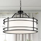 TCWGAUI 21.6' Black Drum Chandelier, 5-Light Modern White Fabric Chandeliers, Round Adjustable Pendant Ceiling Light Fixture for Dining Room Kitchen Island Foyer Bedroom,E26