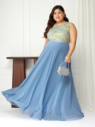 Image of Miss Chase A+ Women's Round Neck Sleeveless Georgette Floral Lace Fit & Flare Maxi Dress