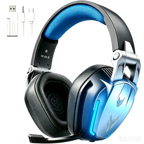 Image of BENGOO G1 60H Wireless Gaming Headset with RGB Light & Mic - Black and Blue | 7.1 Surround Sound, 2.4GHz USB /Type-C & Bluetooth 5.4, Noise Canceling Flip Microphone, Foldable Design for Switch Mac
