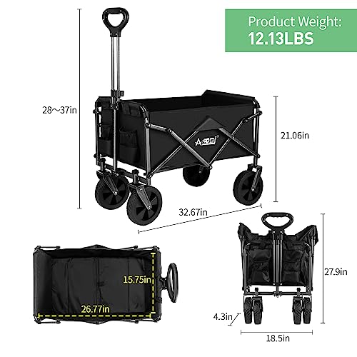 AODI Collapsible Folding Wagon, Utility Garden Cart with Two Drink Holders, Portable Folding Wagon with All-Terrain Wheels & Adjustable Handle for Beach, Shopping, Camping, Outdoor, Gardening