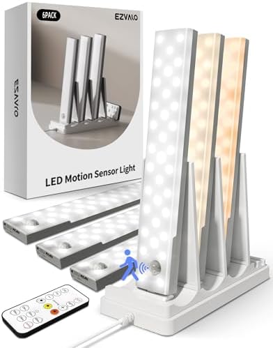 EZVALO 6-Pack Under Cabinet Lighting with Charging Station, Rechargeable Motion Sensor Lights, 3 Color Temps, Dimmable 62 LED Wireless Motion Activated Cabinet Lights with Remote for Kitchen,Pantry