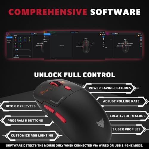 Image of EvoFox Phantom Air Wireless Gaming Mouse Tri-Mode Rechargeable, 12,800 DPI, 1000Hz Polling Rate, Ultra-Lightweight 69g Design, RGB Lighting, 6 Programmable Buttons, Software Support