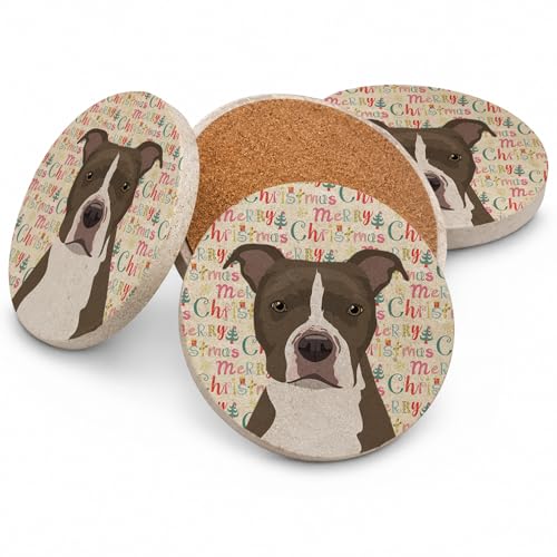 Caroline's Treasures Pit Bull Blue #6 Christmas Large Sandstone Coasters Pack of 4 Absorbent Round Coasters Decor Gifts for Men or Women, 4 in, Multicolor