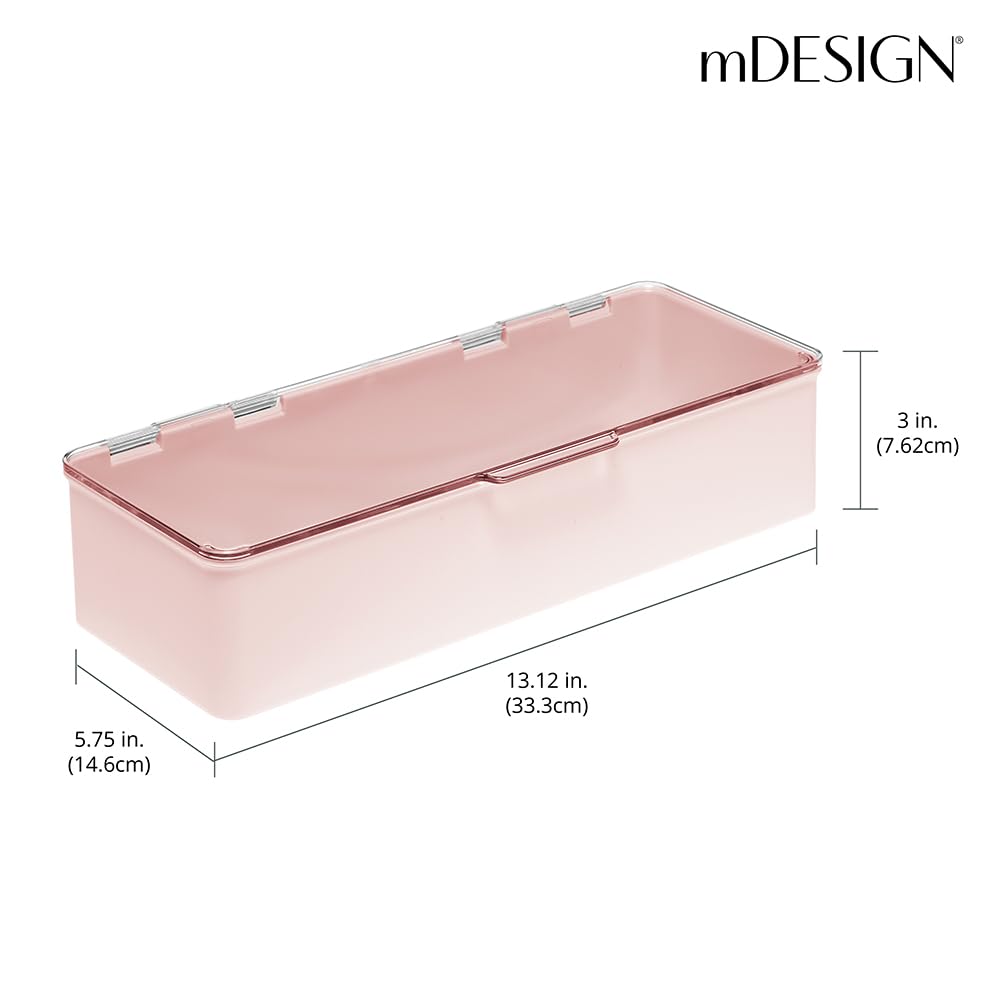 mDesign Long Plastic Cosmetic Storage Organizer Boxes with Hinged Lids, 2 Pack, Light Pink/Clear