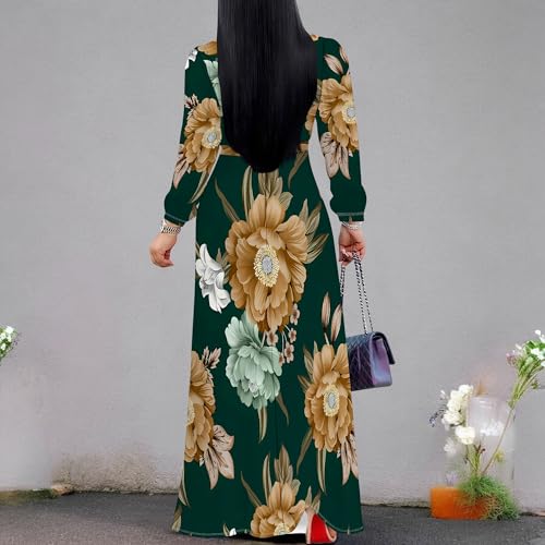 Image of Women Plus Size Long Sleeve V Neck Maxi Dress with Belt | Soft fabric relaxed fit three quarter sleeve v neck with pockets for party and daily wear