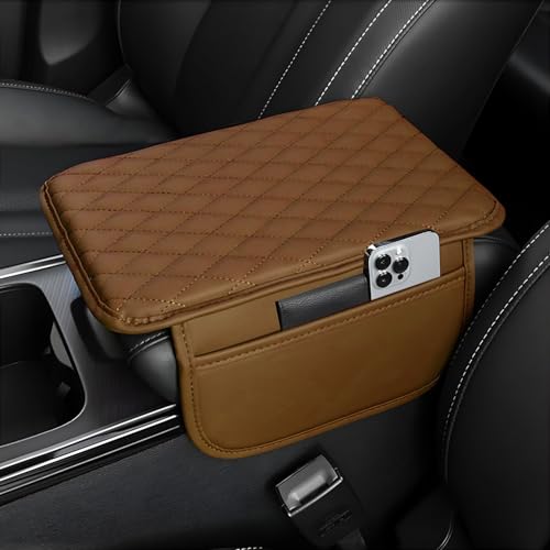 Image of SIAGO Car Armrest Cover Cushion with Storage Bags | Soft Center Console Protector Pad | Non-Slip, Waterproof & Durable | Universal Fit for Cars, SUVs & Trucks (Tan) SIA144