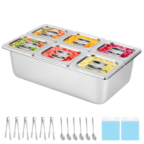 YMJOINMX Cold Ice Food Serving Display tray 6 Pan 2 Ice Packs 6 Clear Lids Cooled Condiment Container Dispenser Salad Cold Serving Buffet Server Cooler Spice Food Display Sauce Organizer for Buffet