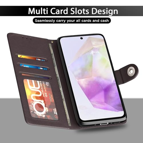 Image of Pikkme Flip Cover Leather Finish | Inside TPU with Card Pockets | Wallet Stand and Shock Proof | Complete Protection Button Flip Case for Samsung Galaxy A56 5G(Coffee)