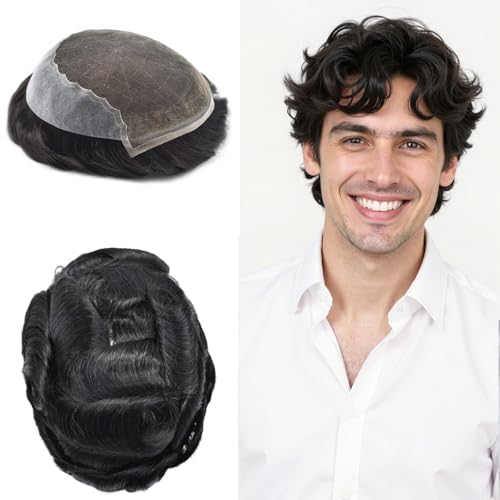 Toupee for Men Hair Replacement Systems Swiss Lace Front Mens Toupee Bleached Knot Natural Human Hair Piece (1# Jet Black, 7x9-90% Light Density)