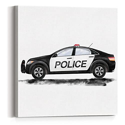 Image of Police Car Canvas Wall Art Framed Transportation Police Car Painting Print Watercolor Boys Nursery Canvas Wall Decor for Home Bedroom Kid Room 12x12 Inch