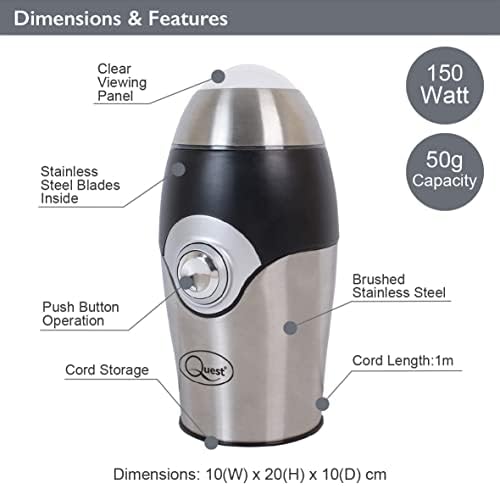 Quest 34160 Electric Coffee Grinder/One Touch Operation / 150W / 50g Capacity/Stainless Steel Blades/Also Grinds Nuts, Seeds, Spices & Herbs