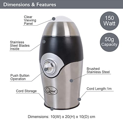 Quest Electric Coffee & Spice Grinder, Stainless Steel Blades, Coffee Beans, Nuts, Seeds, Spices & Herbs, 150W, 50g Capacity, 34160