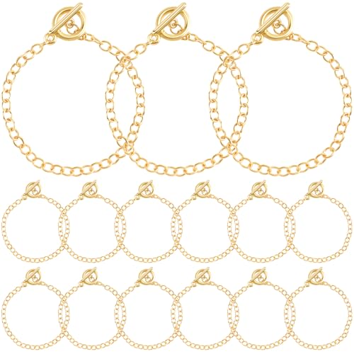 HINZIC 15 Pcs Bracelet Chains for Jewelry Making, Gold Charm Bracelet Making Kit with OT Buckle Link Chain for Women DIY