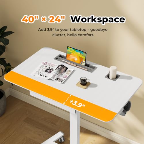 Image of Mobile Standing Desk with Drawer, 40 inchx24 inch Small Standing Desk with Cup Holder, Rolling Laptop Workstaion on Wheels, Height Adjustable Table with Storage for Home Office, White