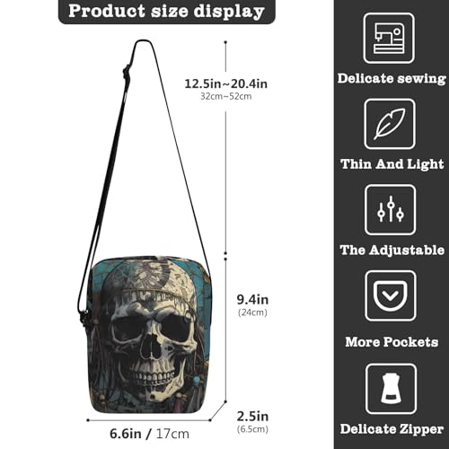 Crossbody Sling Bag for Women Men, Zipper Closure Messenger Bags Skull Dreamcatcher Print with Card Phone Passport Compartment 6.6×9.4×2.5 IN3