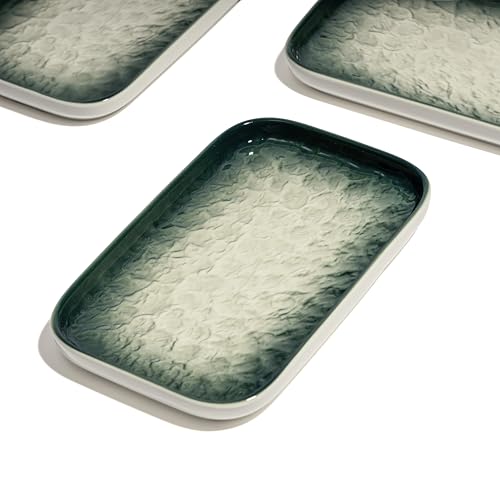 Image of Beyond Homes Ceramic Serving Tray Set of 3 | 8 Inch Rectangular Serving Plates | Premium Ceramic Platters for Sushi Dimsum Momos Snacks Starters & Appetizers | Microwave & Dishwasher Safe, Green