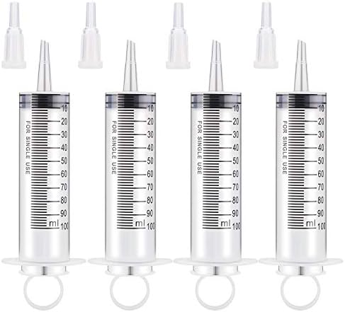 4 Pack 100ml Syringes, Large Plastic Garden Syringe, Dispensing Multiple Uses Measuring Syringe Tools for Scientific Labs, Watering, Refilling