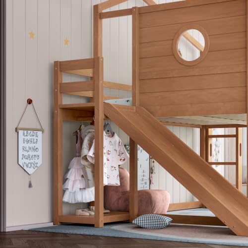 Image of Bellemave Bunk beds Full Over Full with Slide,Bookshelf and Wardrobe House roof Design, Low bunk /loft Bed for Kids, Natural