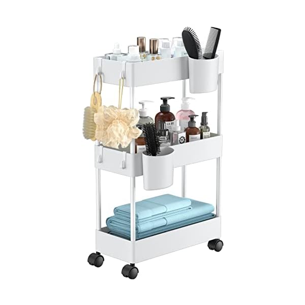 Pipishell Slim Storage Cart with Wheels, Bathroom Cart Organizer Small, Rolling Cart for Bathroom, Laundry Room, Kitchen, Narrow Space, White PIUC04W, 7.08/”D X 15.7/”W X 25.2/”H