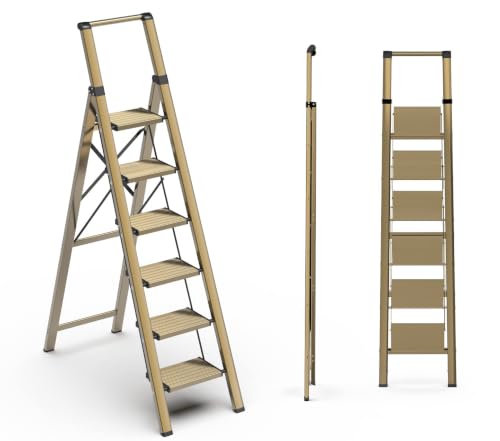 Image of SOLADDER 6 Step Ladder, Folding Step Stool with Handgrip and Anti-Slip Wide Pedal, Portable Lightweight Aluminum Stepladder for Kitchen, Home, Library, Office (300 lbs Capacity) - Gold