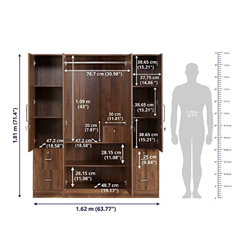 Image of Wakefit Wardrobe | 1 Year Warranty | Engineered Wood Almirah, Cupboard for Clothes Storage | 4 Door, 1 Drawer | Plaid - Columbian Walnut